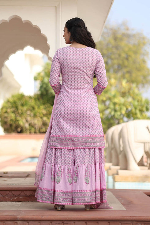 MULMUL VINAYA FLORAL MOTIFS BLOCK PRINTED KURTA-SHARARA & DUPATTA SET MULMUL VINAYA FLORAL MOTIFS BLOCK PRINTED KURTA-SHARARA & DUPATTA SET